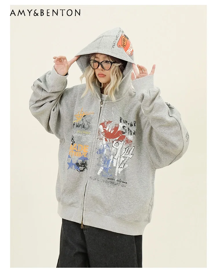 

Autumn Spring Women American Streetwear Graffiti Print Hooded Cardigan Loose Casual Blue Gray Open Front Jacket