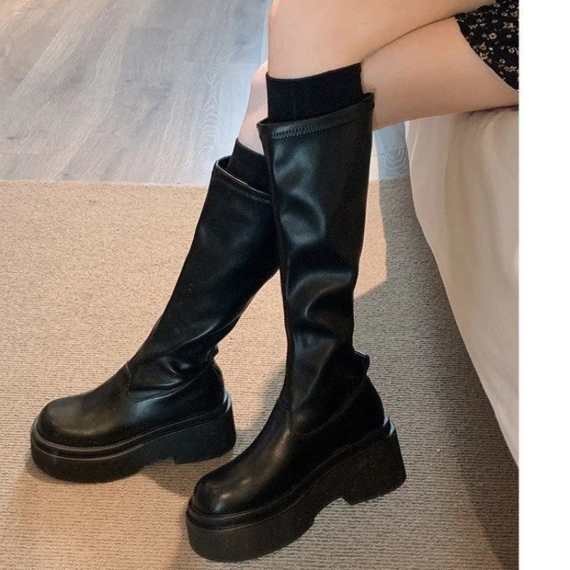Women Platform Knee High Boots, Soft Leather Ruched Knight Boots, Chunky Heel Slim Non-over-knee Long Boots