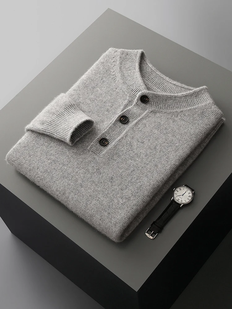 High Quality Smart Casual Everyday Clothes Men's Thick Pullover Autumn Winter Button Knitted Sweater 100% Merino Wool Warm Tops