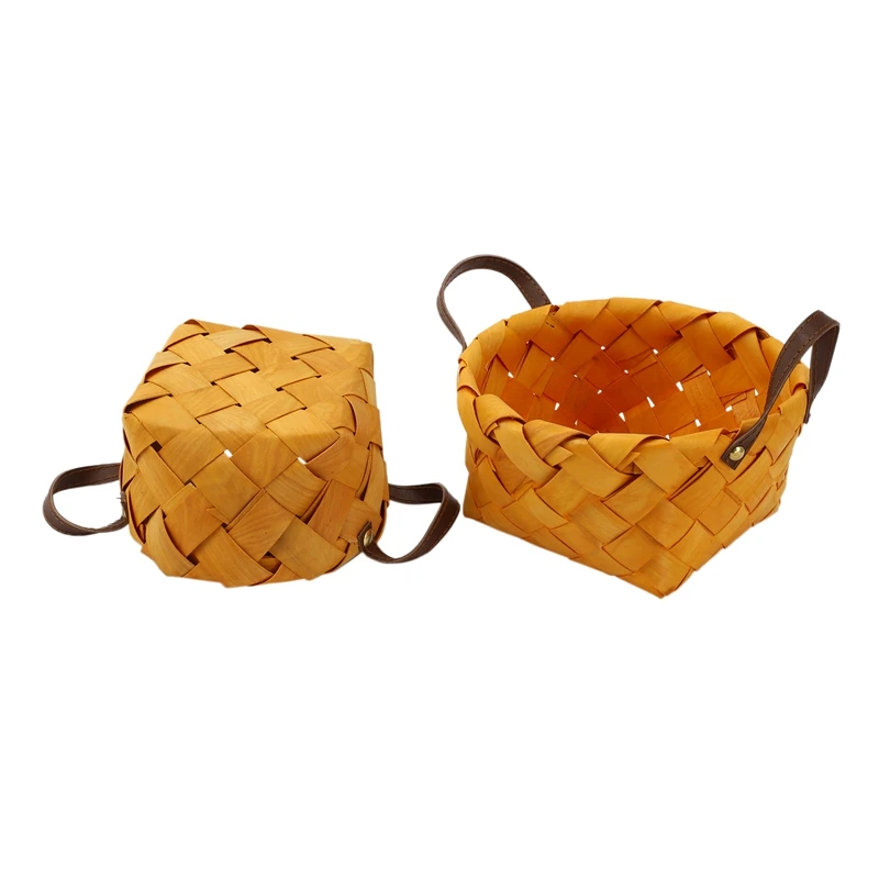 Keranjang penyimpanan buah roti tenun tangan, kotak penyimpanan Chip kayu nampan makanan bulat Jepang 2 buah dengan dekorasi rumah portabel