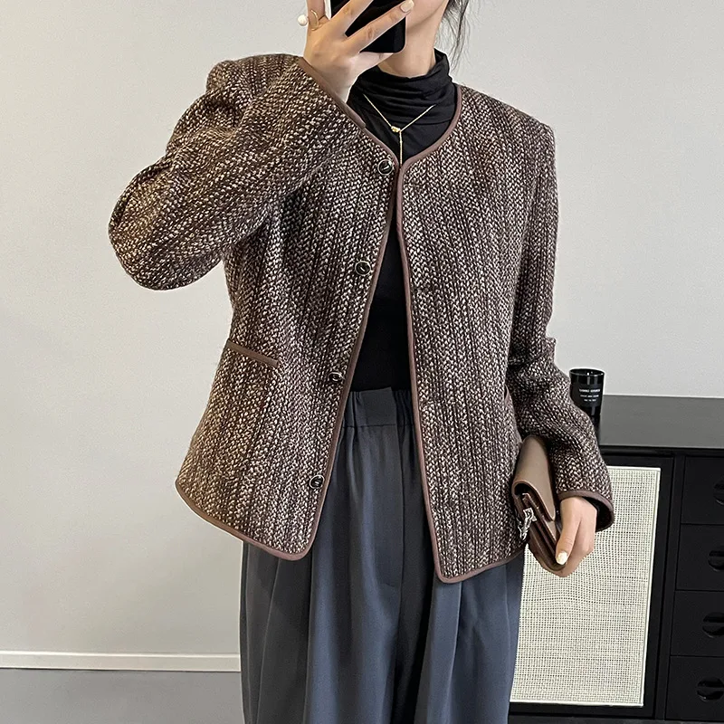 

French Vintage Jackets Women Short Tweed Jacket Top Spring Autumn Streetwear Single-Breasted Office Lady Outwear 2022New Fashion