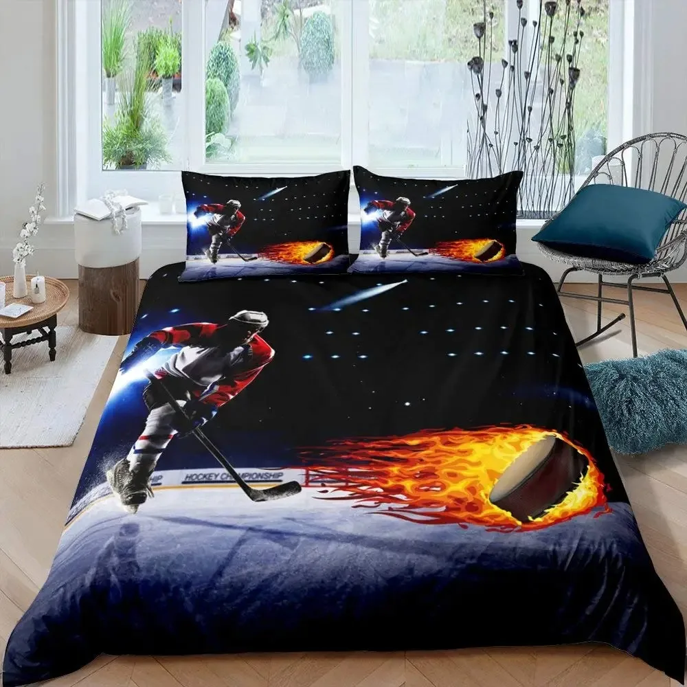 Set copripiumino da Hockey su ghiaccio Full Queen Size, Set di biancheria da letto elegante Patchwork a quadri geometrici, copripiumino sportivo invernale atleta