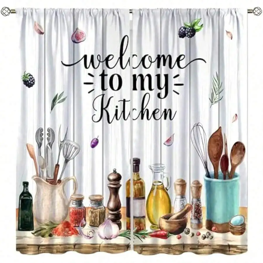 Watercolor Kitchen Curtains With Utensils And Fruit Print Farmhouse Style 2 Panel Set