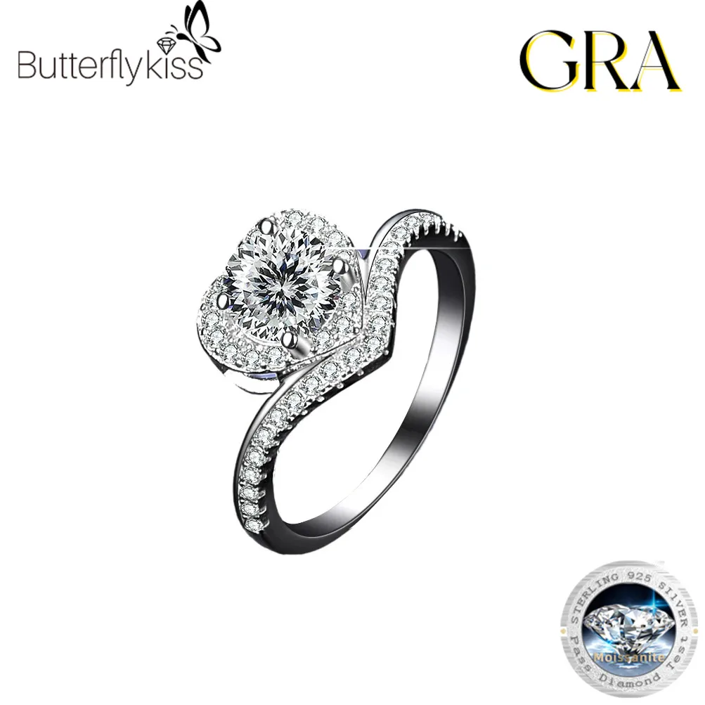 Butterflykiss GRA Brillant Cut Moissanite Heart Rings For Women Luxury S925 Sterling Silver Engagement Anniversary Fine Jewelry