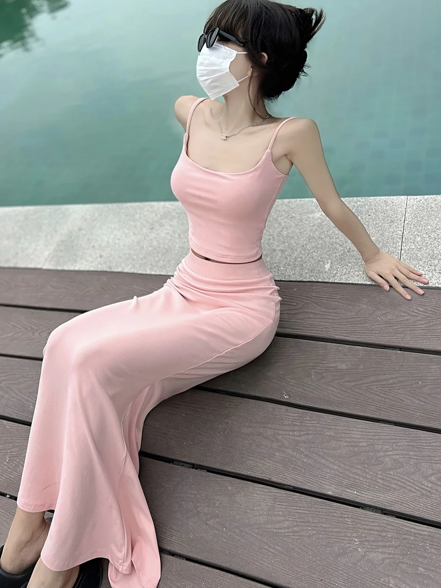 Spring Cherry Blossom Gentle Pure Desire with Silk Ribbon Women's Halterneck Short Skirt Fish Tail Sexy Set Sweet Style