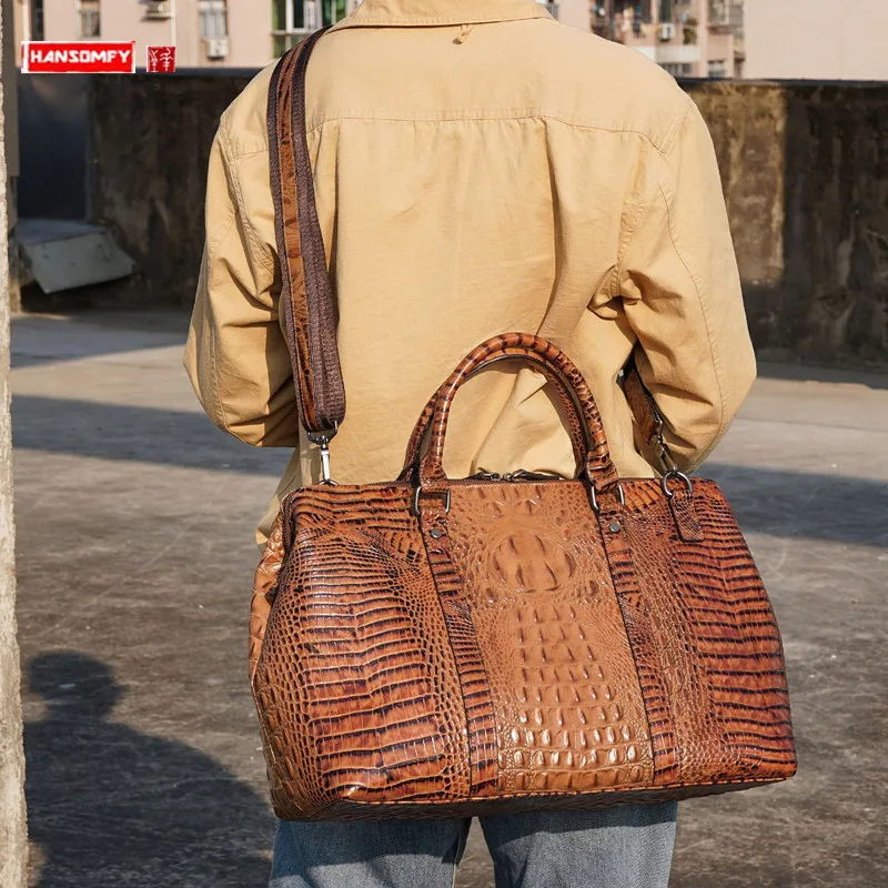 

Crocodile Pattern Leather Men's Handbag Short Business Trip Hand-Carrying Tote Shoulder Bag Away Luggage Bag Vintage Travel Bags