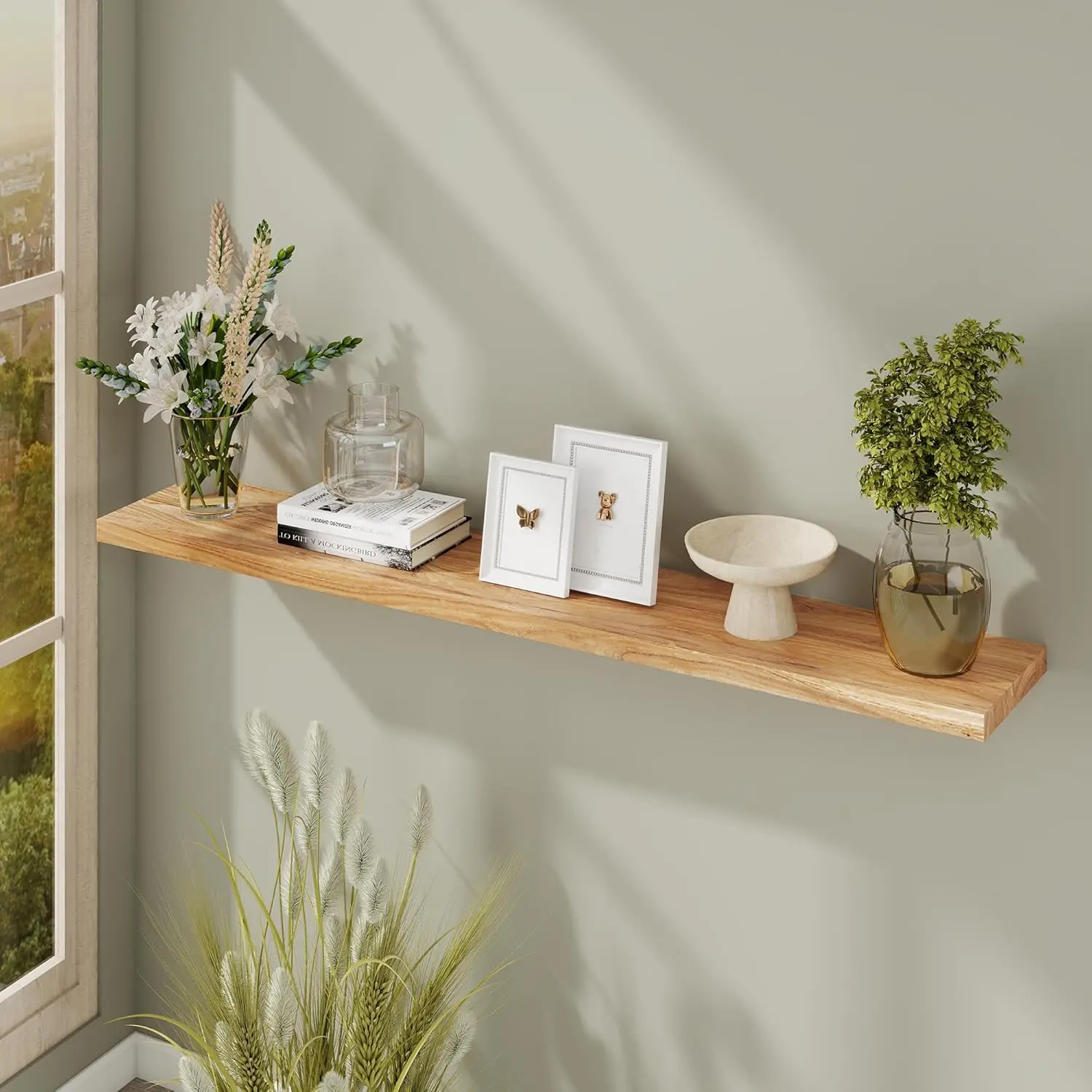 

55 Inch Wood Floating Shelves for Wall, 9.3" Deep Large Wall Shelves for Storage, Wall-Mounted Display Shelves with Invisible He