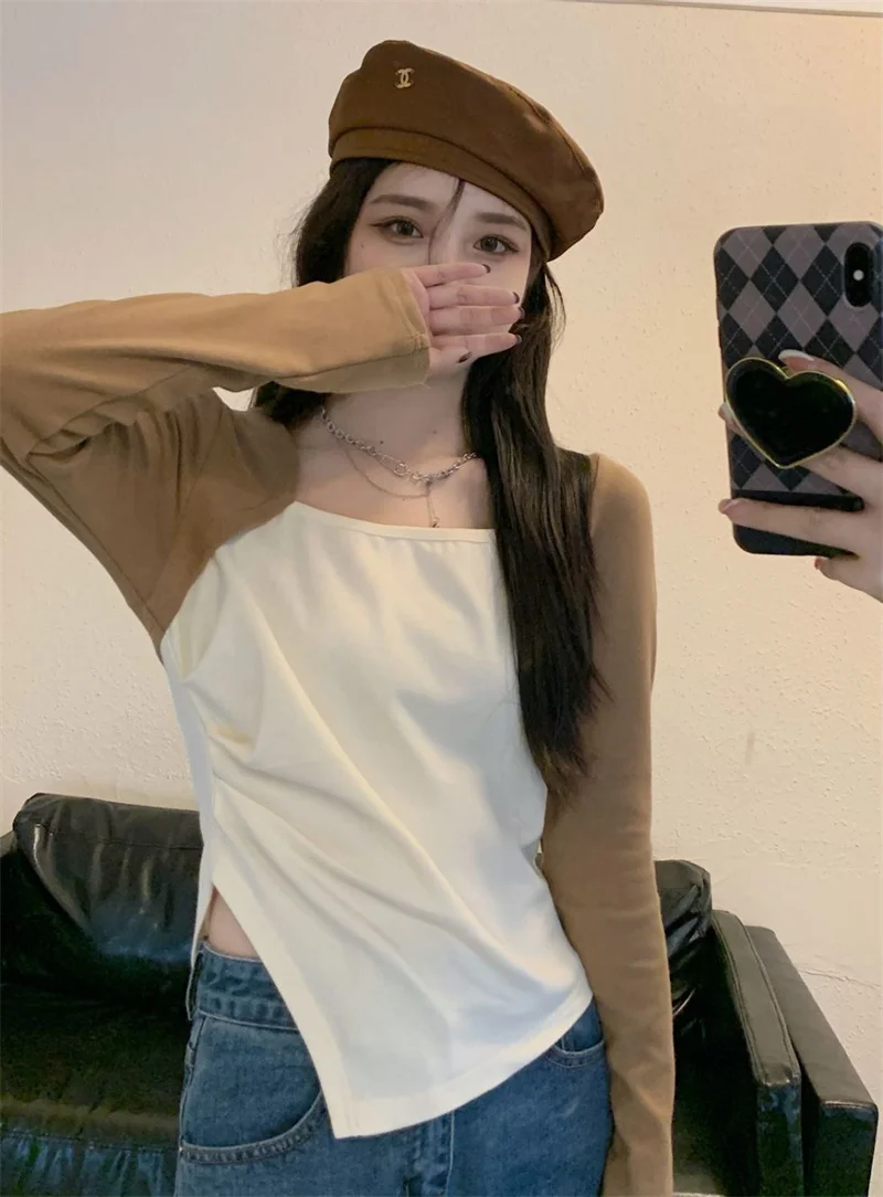 Shoulder Long Sleeve Top Women's Contrast 2023 New Versatile Fashion Advanced Slim Fit Spring Pure Short Commuter T-shirt P57