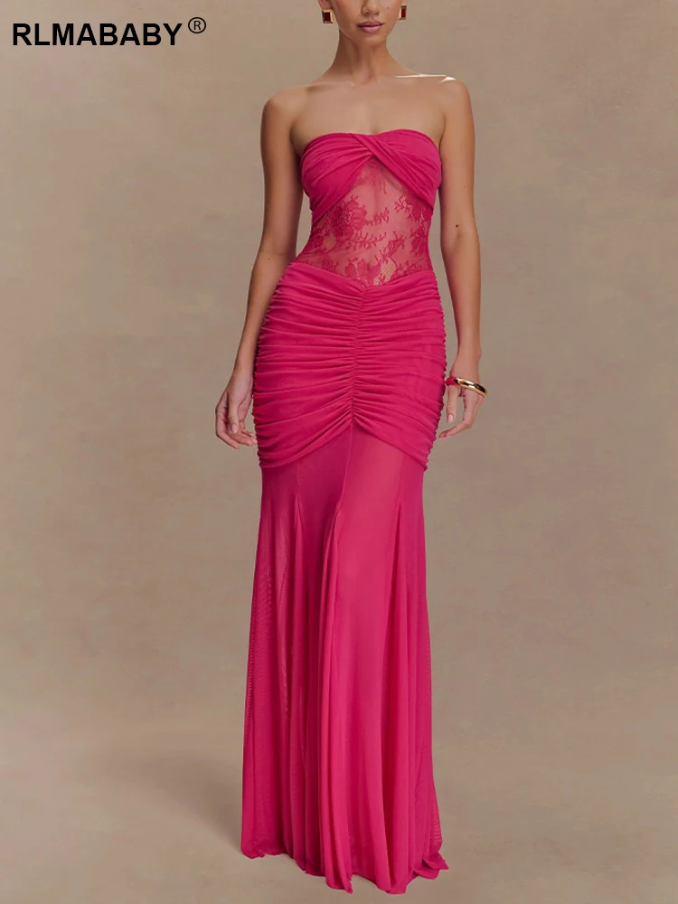 RLMABABY セクシーなパッチワークストラップレス女性スリムマキシドレス夏のレースメッシュスプライシングバックレスカットアウトシャーリングパーティーロングドレス