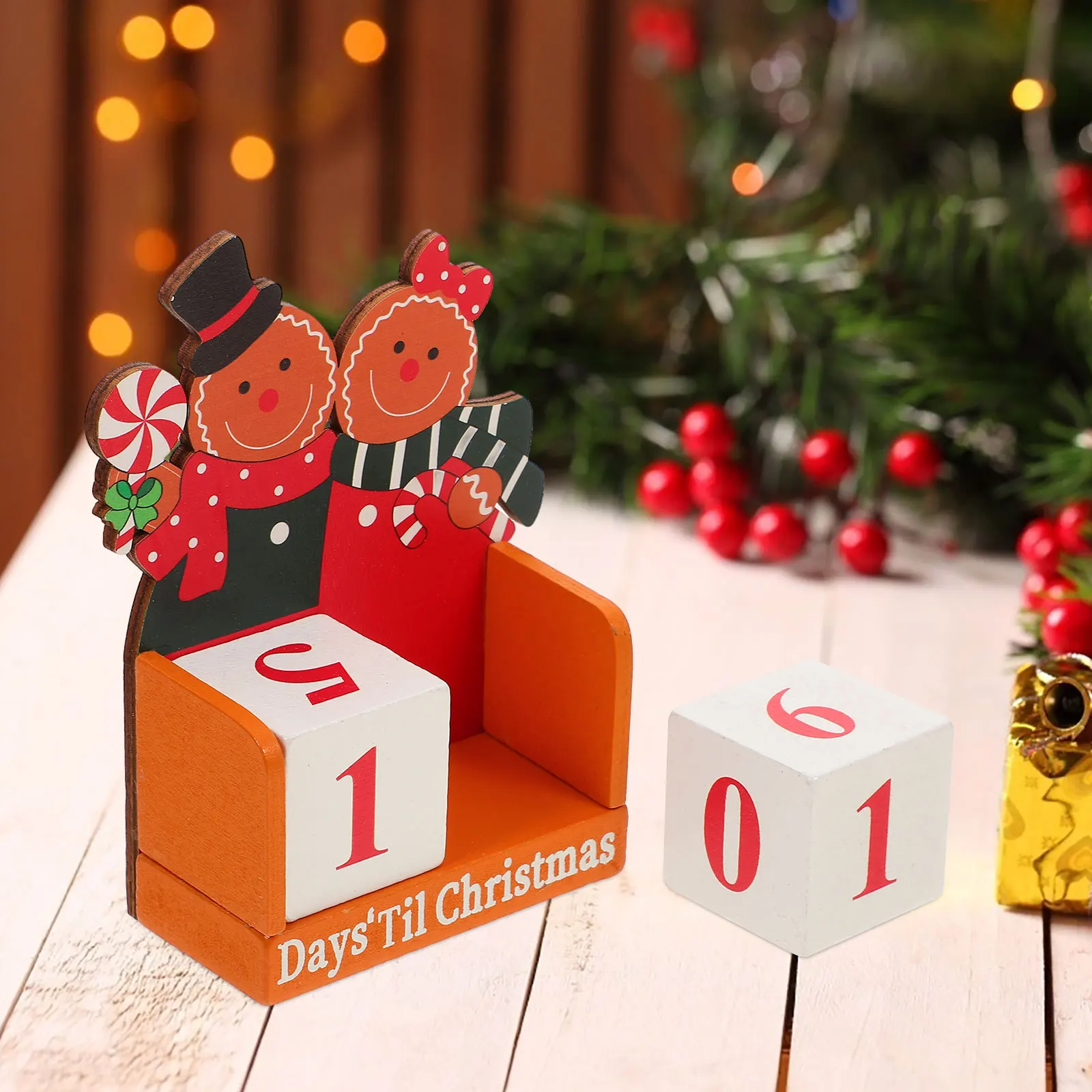 

Wooden Christmas Blocks Calendar Cute Couple Gingerbread Man Desktop Holiday Countdown Table Calendar for Home Party Xmas