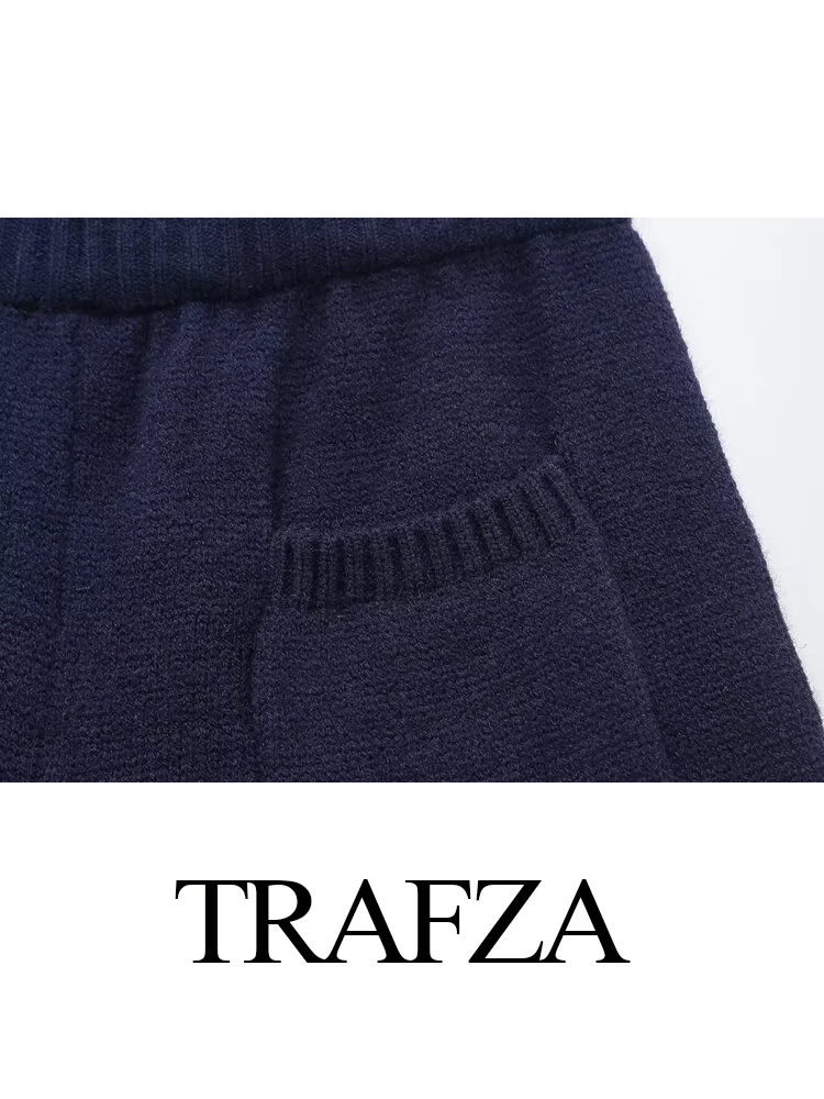 TRAFZA setelan Pullover wanita, pakaian lengan panjang rajutan atasan elastis pinggang celana pendek Set wanita elegan ramping 2 warna kasual hangat