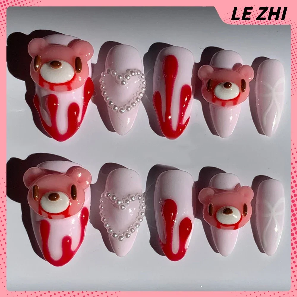 3D Kawaii Hand-Carved Rilakkuma Press On Nails Art Cartoon Animal Rabbit Monkey Cat Sweet Strawberries Fake Nail Gift view 3