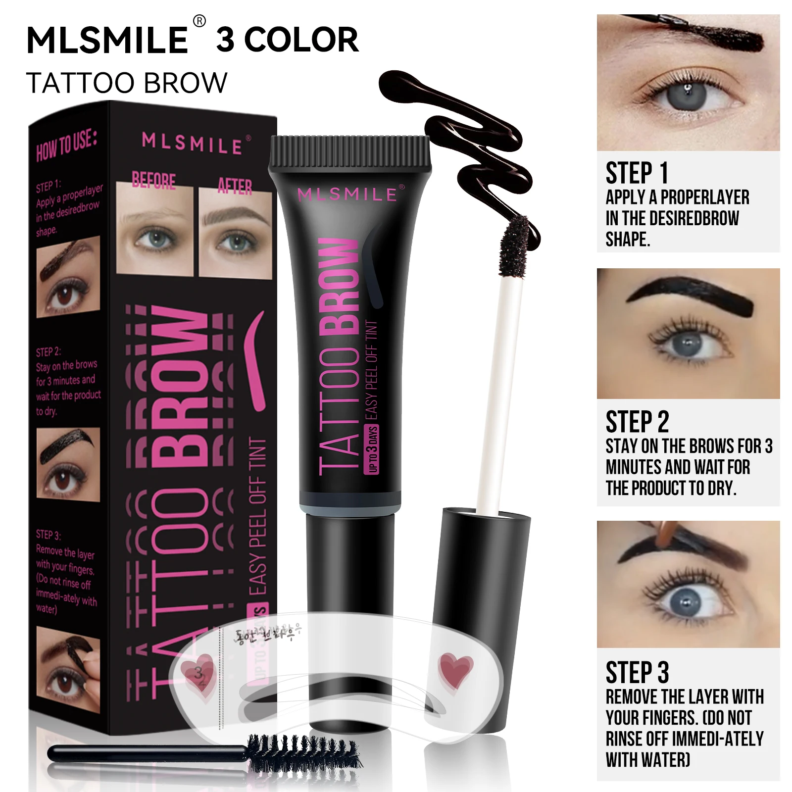 MLSMILE 3-kolorowy żel do brwi w płynie, wodoodporny, długotrwały, odporny na rozmazywanie, półtrwały tint do brwi