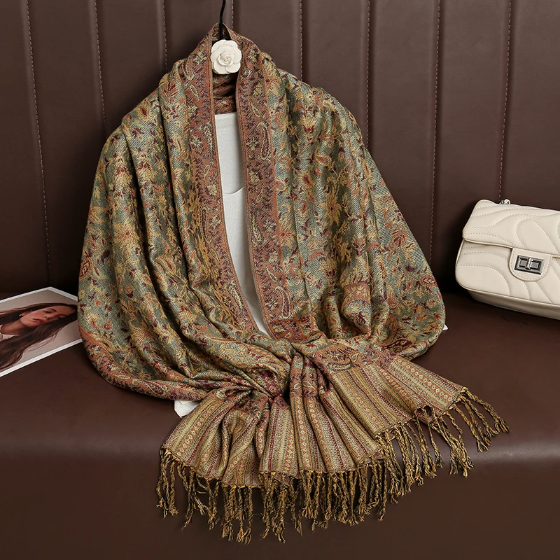 70*190cm Winter Warm Thick Ethnic Style Jacquard Scarf Women Travel Muslim Hijab Cashmere Tassel Shawl Wrap Pashmina