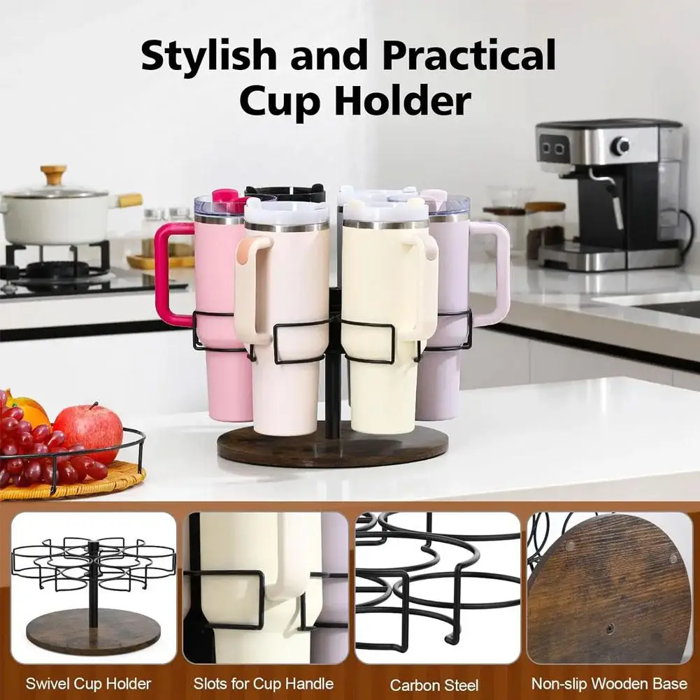 

For Rotatable Cup Holder Wood + Metal Cup Organizer Storage Holder Rotating Bottle Rack For 40oz Cup Access V0b2