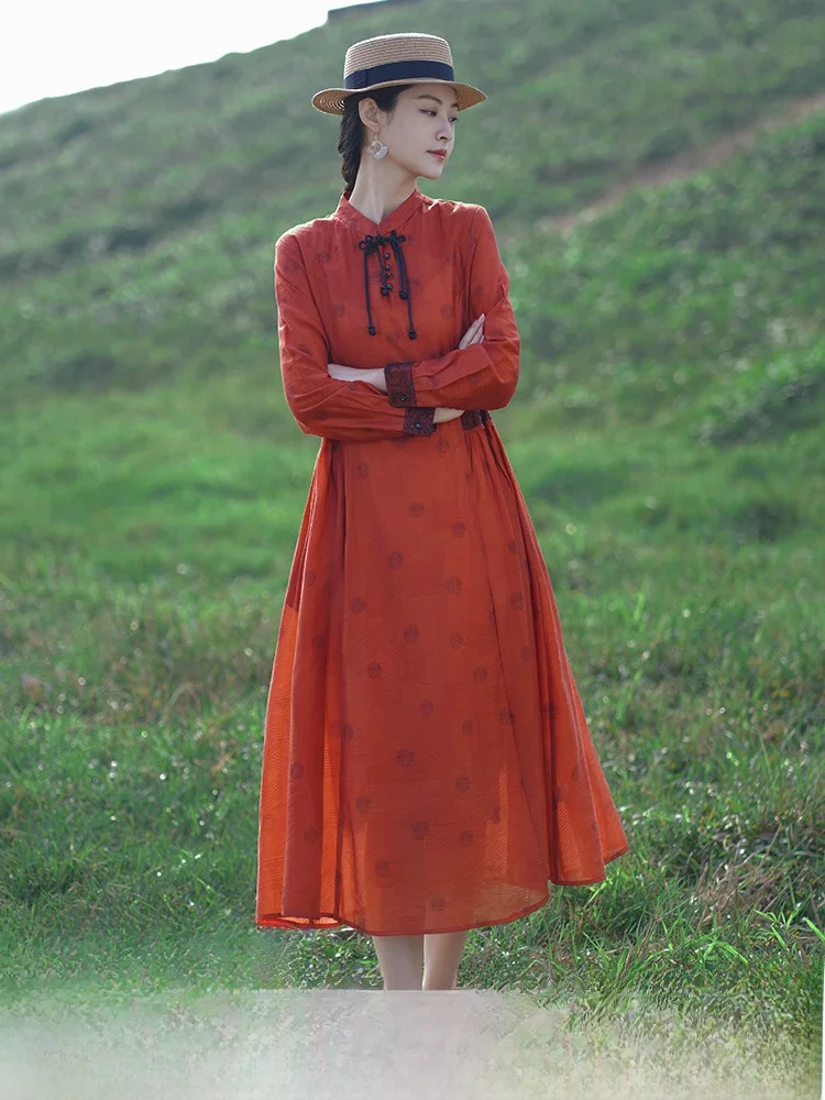 

Original Design Silk Blend Long Dr Floral Embroidery Slimming A-Line Skirt Commute Sle High Waist Long Sve Spring Dr