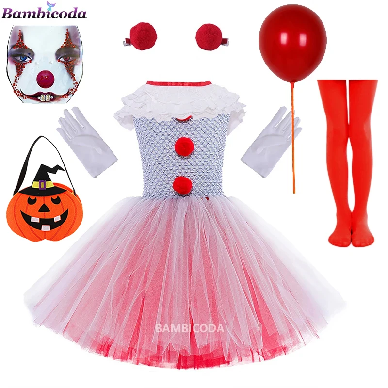 

Children Clown Joker Cosplay Costume Girls Circus Clown Tutu Dress with Headband Kids Birthday Carnival Halloween Party Dresses