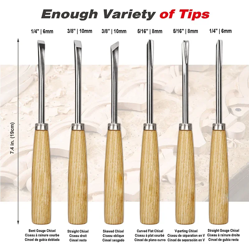 6Pcs Professional Woodworking Graver Chisel Kit Gouges Tools Woodpecker Dry Hand Wood Carving Tools