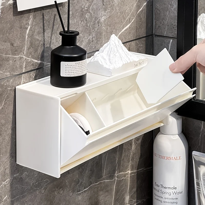 Aufklappbare Aufbewahrungsbox für Make-up-Pads, Organizer für Wattestäbchen, Kosmetikpads, Bohrerfreier Badezimmer-Hygieneartikelhalter für Kleinteile