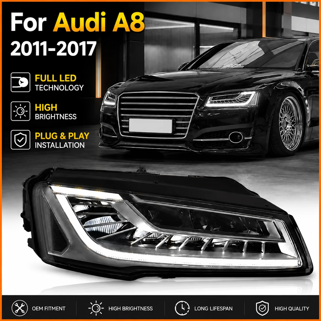 For Audi A8 D4 2011 to 2017 Facelift High Config Matrix LED Headlight Upgrade Sequential Turn Signal Black Front Lamp Assembly