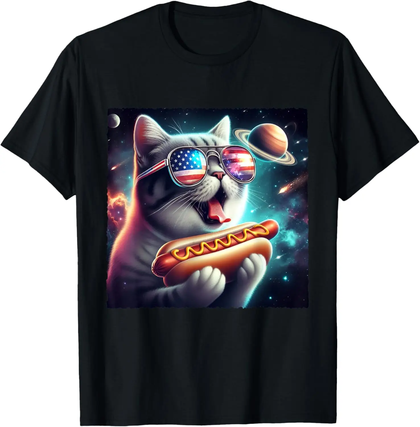 Funny Cat eating Hotdog in space Galaxy Howling At Moon T-Shirt