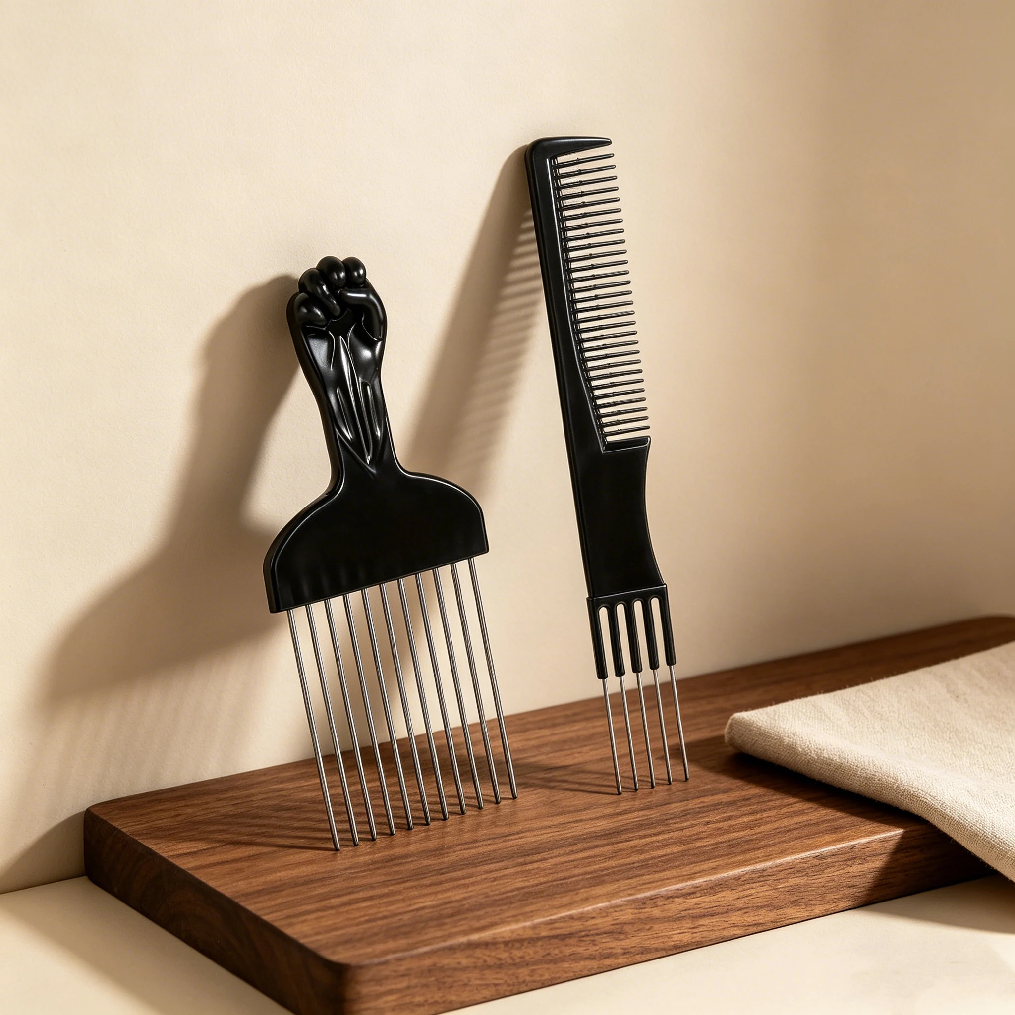 2-Piece Afro Hair Pick Comb Set Metal Prong Lift Comb Anti-static Wide Tooth Styling Comb Barber Hair Volumizing Tools