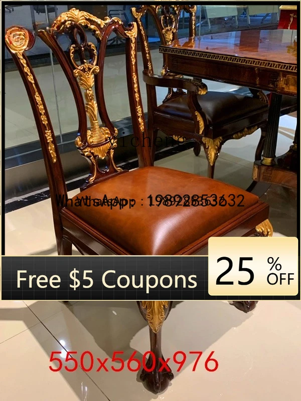 

BB European Style Solid Wood Carved Dining Chair with Gold Foil Vintage Chair for Home Use with Backrest