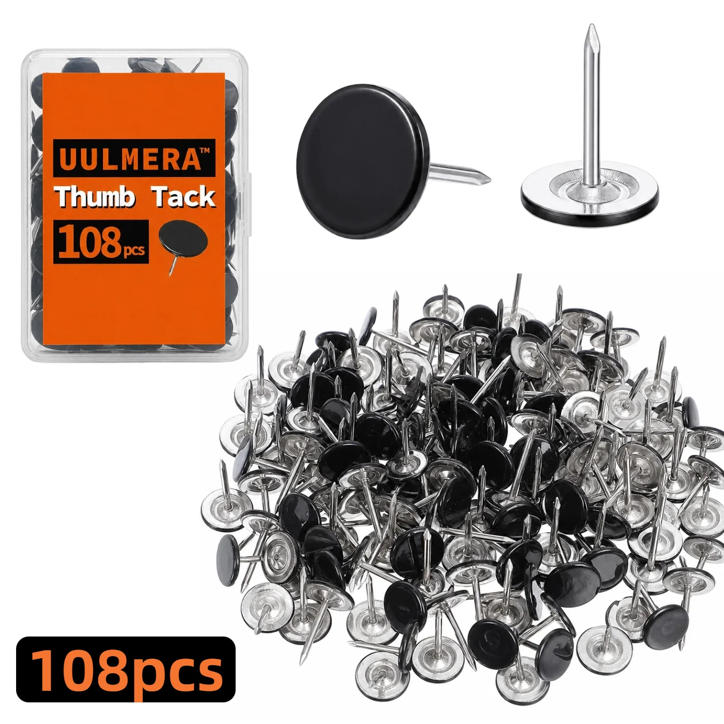 Black Drawing Pins 38/58/108 Pcs Round Head Thumbtacks, Metal Push Pins with Storage Box for Pinboard, Bulletin Board, Office