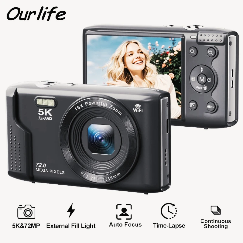 

5K 72MP Ourlife Compact Camera 2.8'' Screen 16X Digital Zoom Vintage Photography Video Recorder