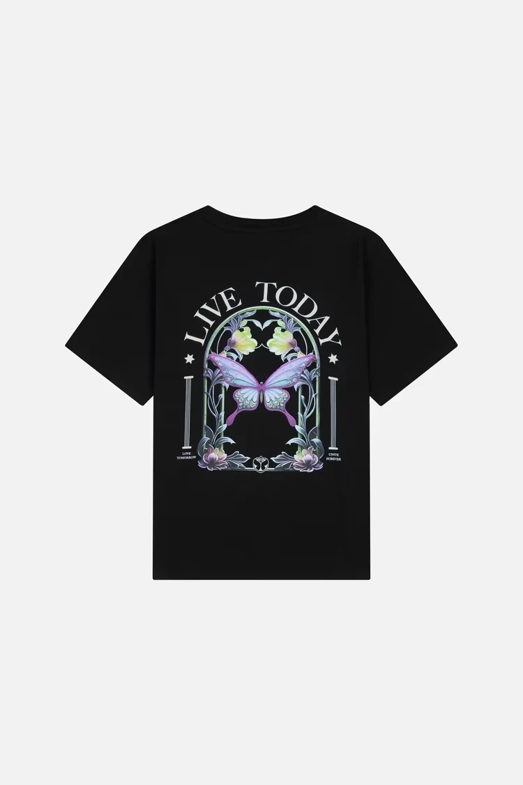 2026 Unisex Festival Style Single Sided Graphic Tee Black Crew Neck Back Hand Drawn Bird Floral Art Print, Casual Short Sleeve