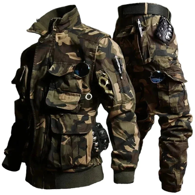 High Quality Hunting Cargo Sets Men Outdoor Multi-pocket Jackets+Hiking Windproof Pants 2 Pcs Suits Wear-resistant Tactical Set