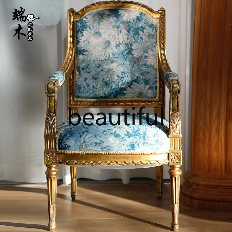 American retro solid wood carving flower single sofa fabric jacquard leisure sofa negotiation chair