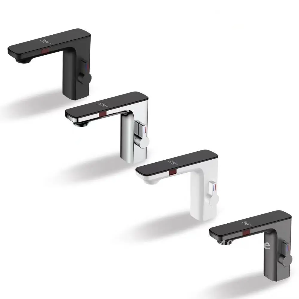 

White Smart Sensor Basin Faucet Touchless Digital Display Hot Cold Water Mixer Tap for Bathroom Vanity Sink Single Handl