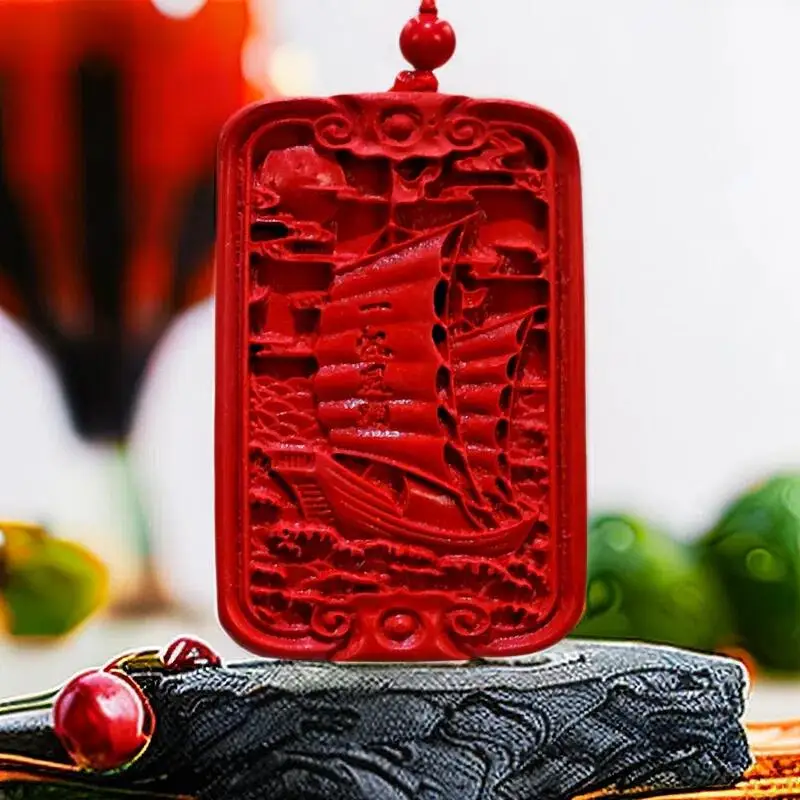 

Cinnabar Sailboats Pendant Chinese Accessories Charm Luxury Men Jewelry Stone Real Talismans Gift Red Gemstone Designer Carved