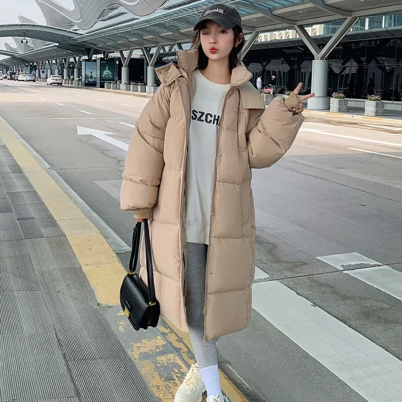 Long Down Cotton Jacket Women's Warm Overcoat Korean Hooded Loose Casual Snow Wear Coat Female Windproof Parkas Outwear