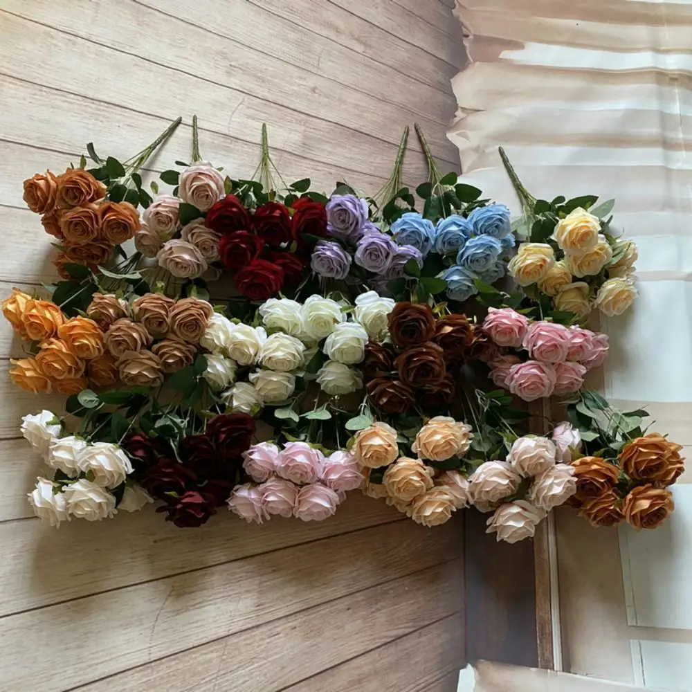

Flower Arrangement 9-heads Rose Flowers Silk Handmade Artificial Rose Flowers Floral Art 9 Heads Rose Flower Bouquet Wedding