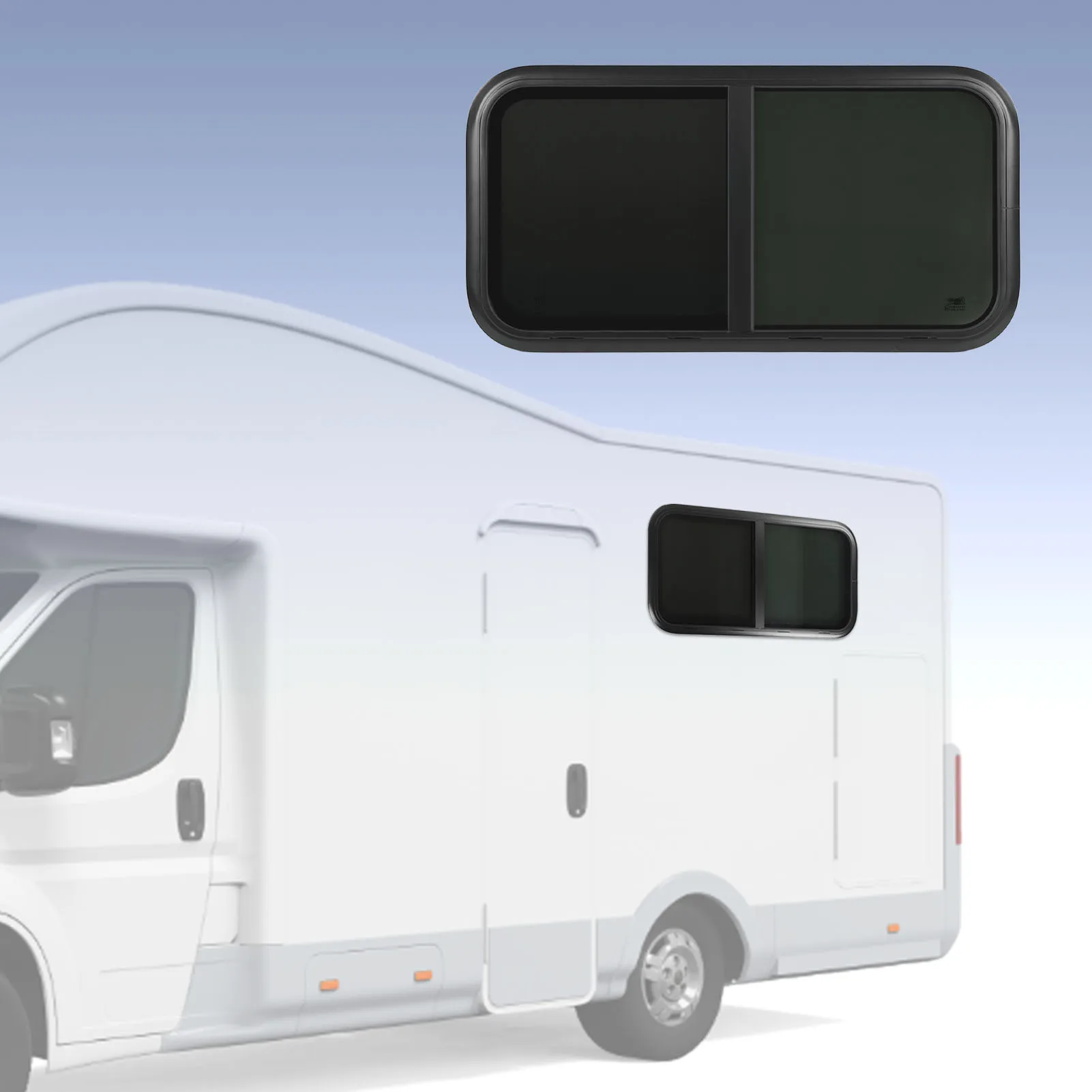 หน้าต่างบานเลื่อนทรงโค้งมน ขนาด 1000x500 มม. กรอบอลูมิเนียมอัลลอยด์สีดำ ป้องกันรังสียูวี พร้อมมุ้งกันแมลง สำหรับรถบ้านคาราวาน