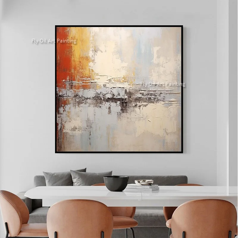 Handmade Warm Tone Reflection Abstract Wall Art Neutral Heavy Textured Oil Painting Wabi Sabi Living Room Sofa Background Decor