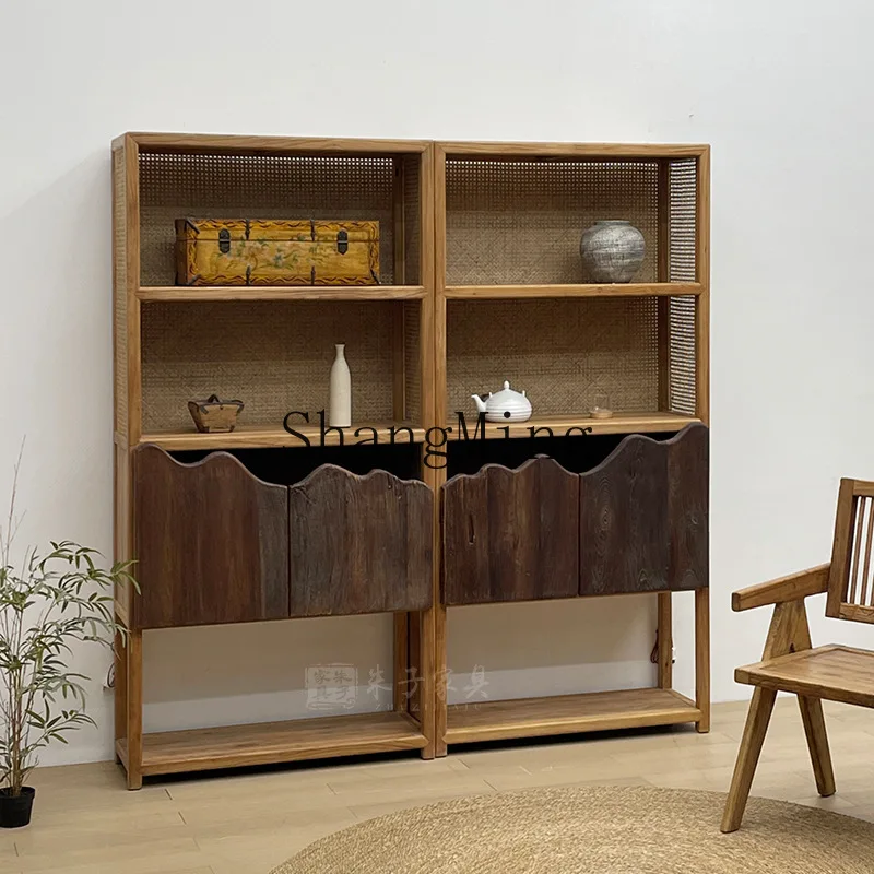 

CL custom wabi-sabi wind solid wood bogu shelf living room bookcase rattan home floor bookshelf B & B elm display cabinet
