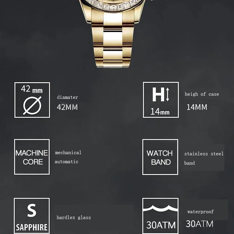 Luxury CZ Diamond Watch Hip Hop Automatic Watches for Men Top Mechanical Mens Wristwatches Chronograph Gold Steel Reloj Hombre