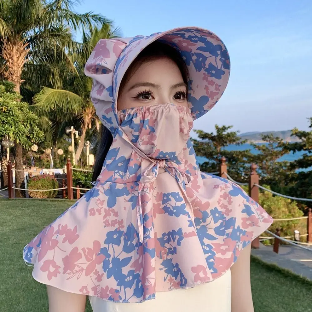 Printing Tea Picking Hat UV Protection Face Mask Sunshade Shawl Cap Sun Protection Wide Brim Neck Protection Hat Climbing