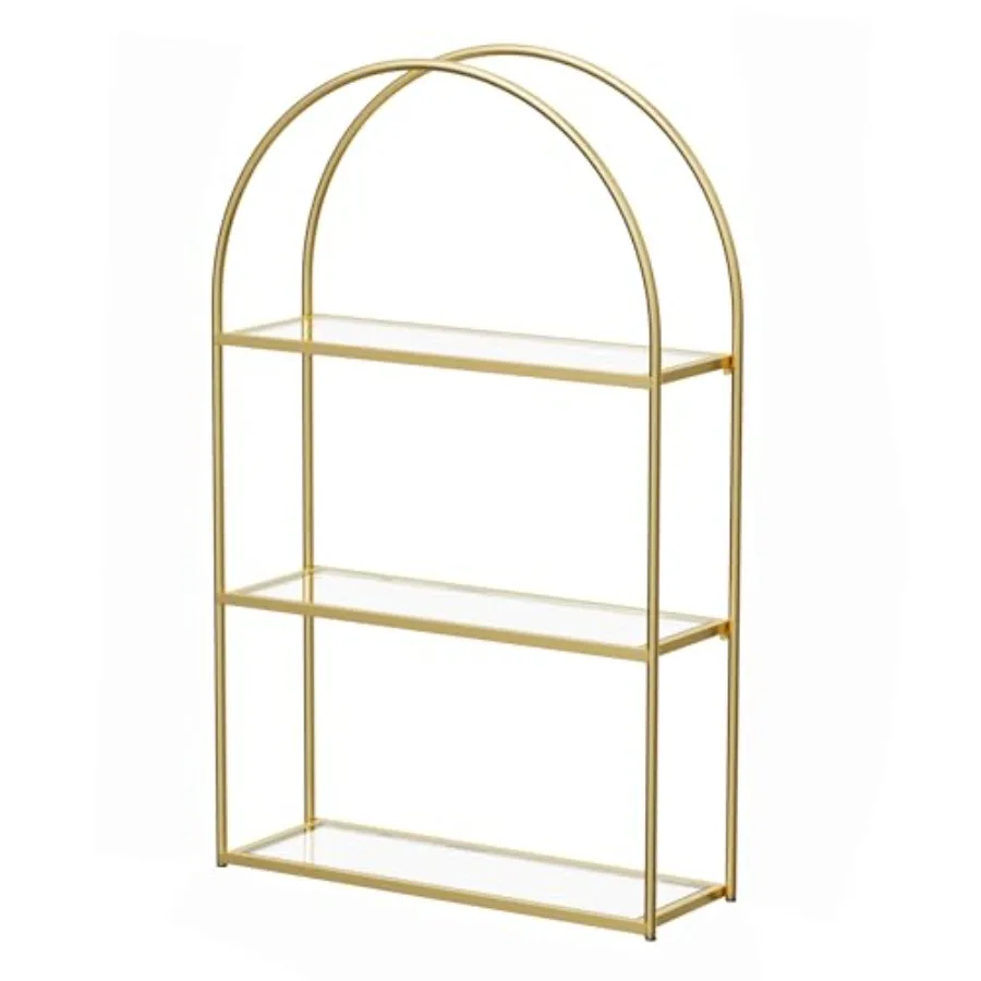 

Gold Arched Frame Wall Shelf, Decorative 3 Tier Bathroom Wall Shelf with Transparent Tempered Glass Shelves and Robust Storage