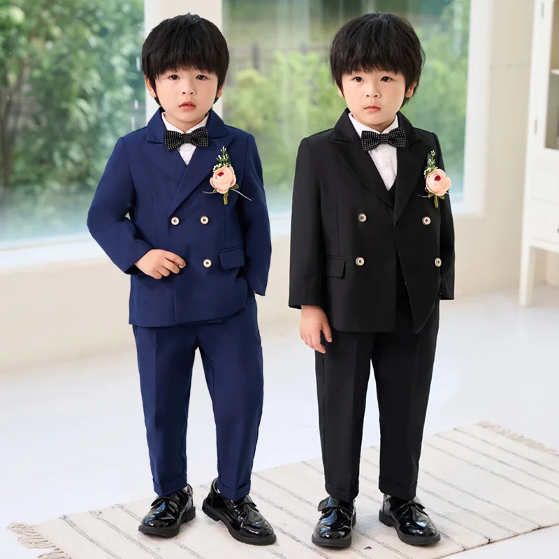 Boys Wedding Suit Teen Kids Photograph Performance Costume Children Jacket Vest Pants Bowtie Flower 5PCS Ceremony Tuxedo Dress