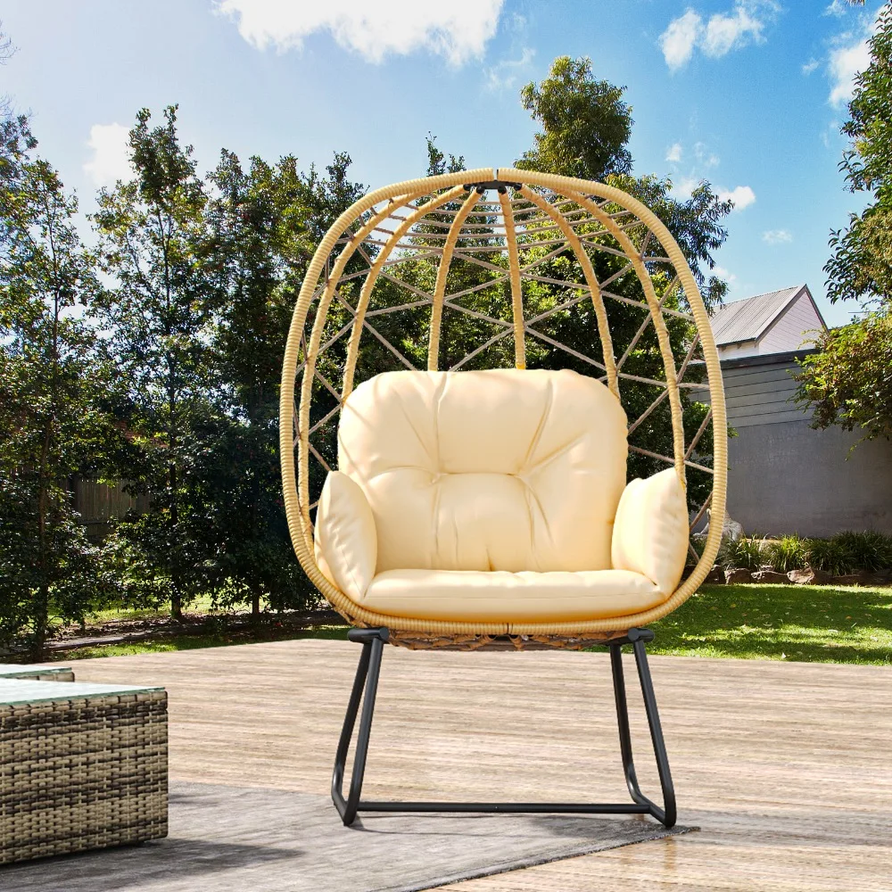 

Teardrop Egg Chair Freestanding Wicker Lounger Patio Rattan Chair w/Cushion