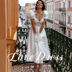 Love Elegant Ankle Length Sweetheart Pleated Stain Wedding Dress A-Line Short Puffy Sleeve Backless Bridal Gown Customized