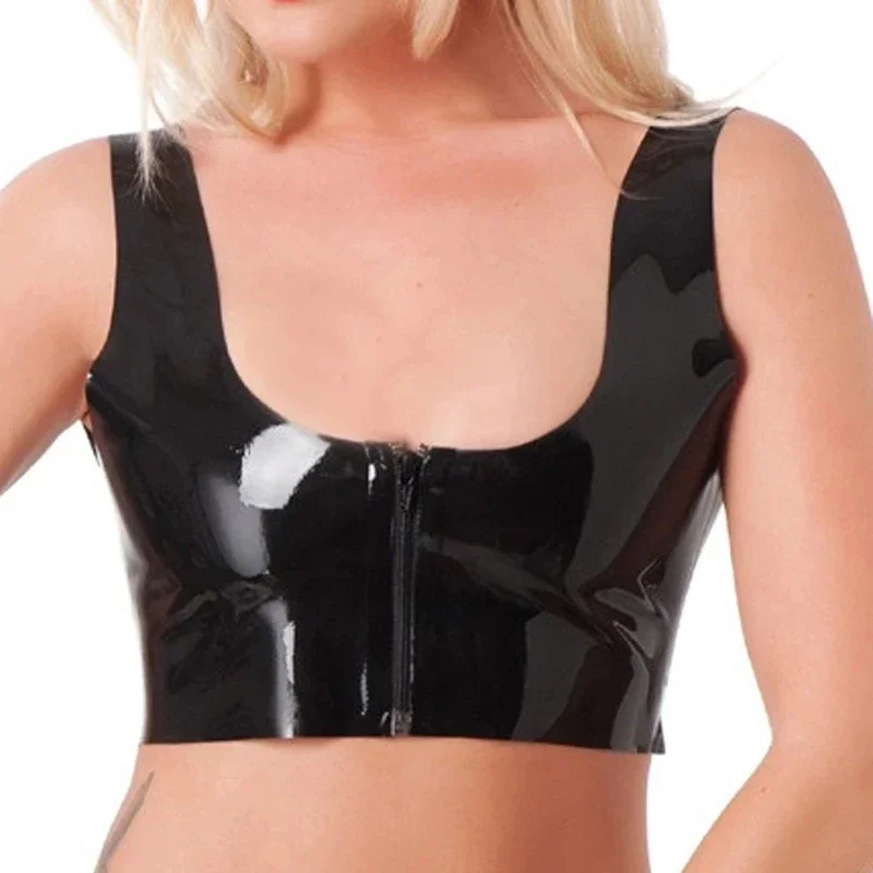 

Handmade Black Sexy Latex Crop Top with Front Zipper Rubber Shirt for Women