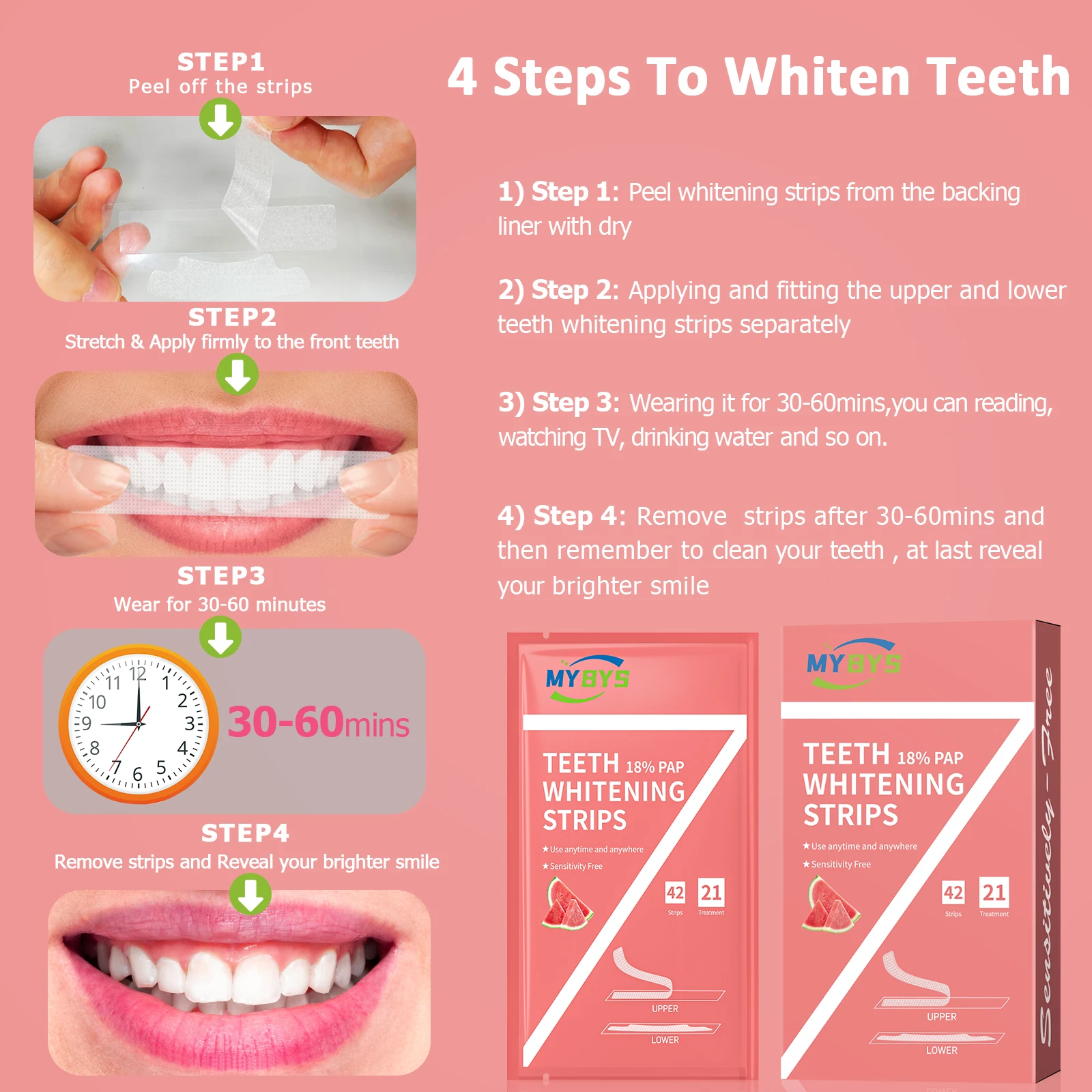 MYBYS Teeth Whitening Strips With 18%Pap Watermelon Flavor Kit Dental Bleaching White Stickers Gel Remove Stain Dental Tools