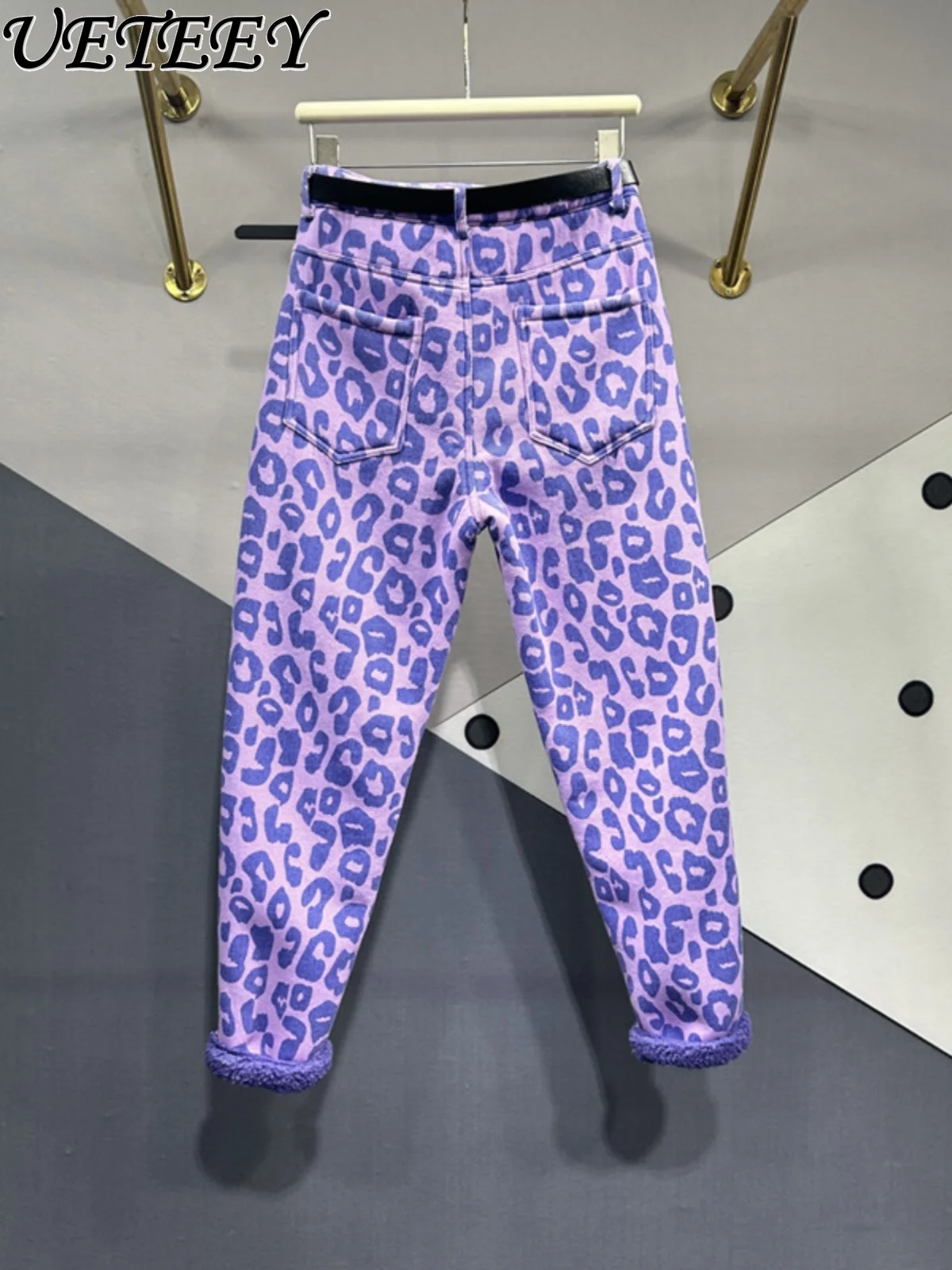 Purple Leopard Print Jeans for Women European Goods Winter New All-Matching Slimming Fleece-lined Thickened Tappered Harem Pants