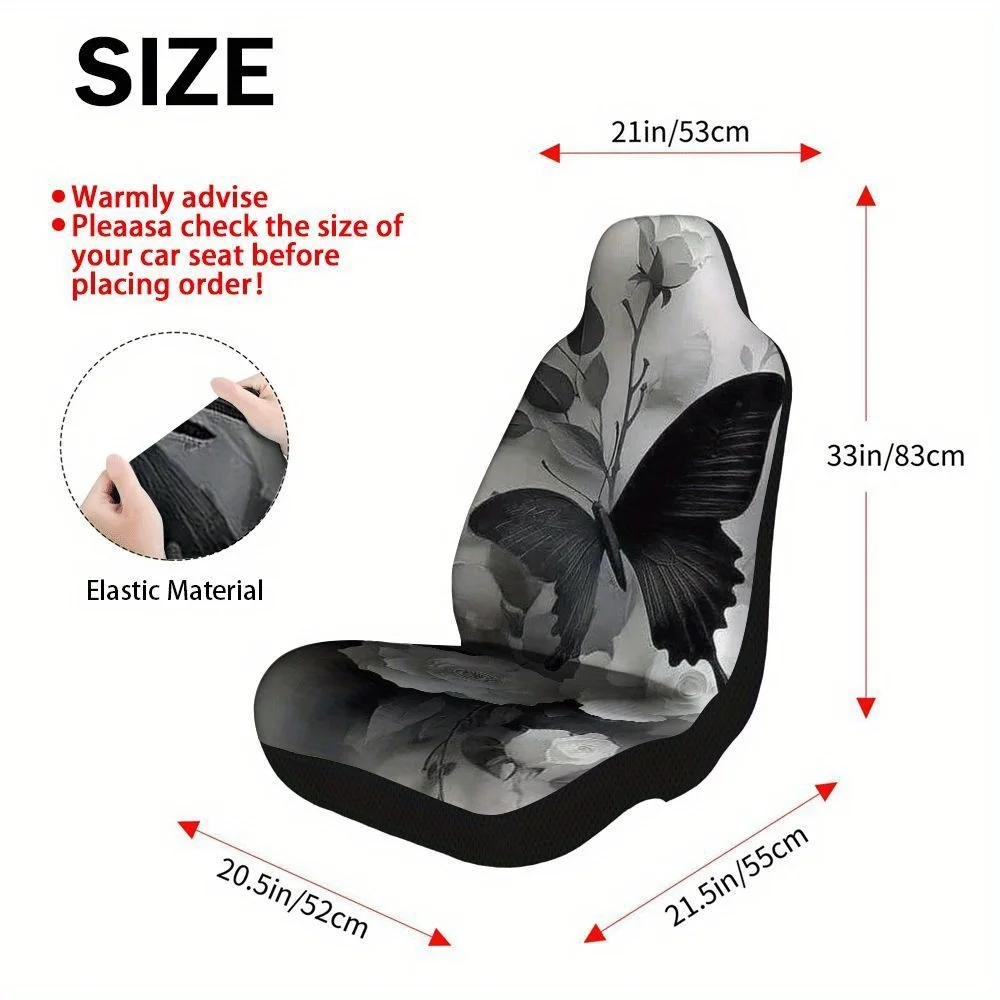 2pcs, Unique Black Butterfly White Flowers Pattern Car Seat Covers, Durable And Easy To Install, Suitable For Cars, SUVs, And Tr