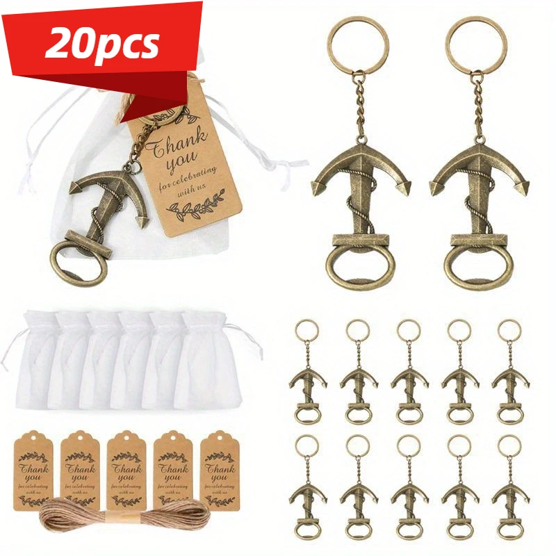 20sets Baby Shower Bottle Opener, Anchor Keychain Metal Beer Opener With Organza Bags Tags And Strings